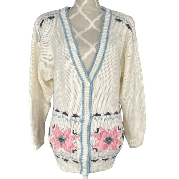 🌻4/$20 Vintage Pattern Knit Button Up Cardigan By Impulse Made In Taiwan Medium - Picture 1 of 16